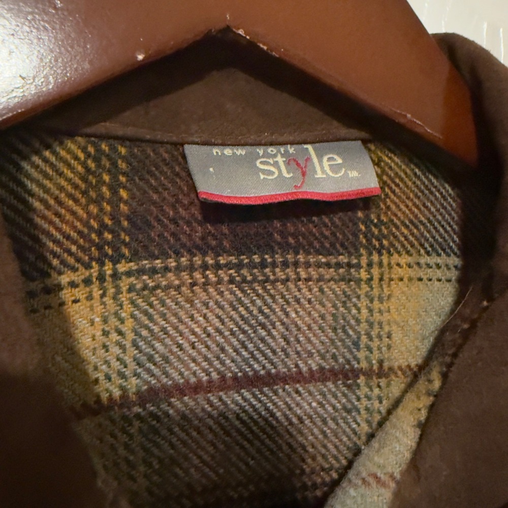 New York Style Plaid Jacket Womens M Brown Suede Collar Button‎ Front Cropped - Picture 3 of 7